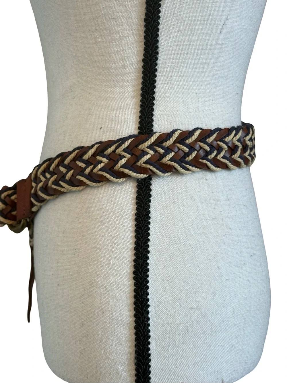 Lucky Brand Braided Leather Rope D Ring Belt Size 36 Brown Navy Cream Woven